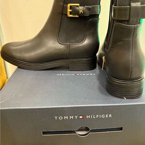 Tommy Hilfiger Black Leather Ankle Boots with Gold Buckle